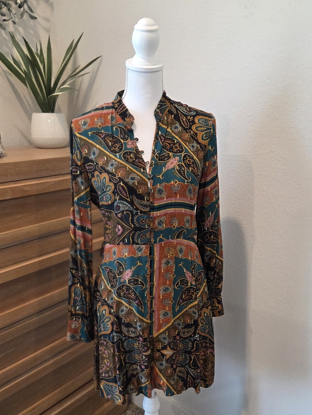 Zara Paisley Print Shirt Dress‎ Size Small Button Up Long Sleeve Tunic Boho